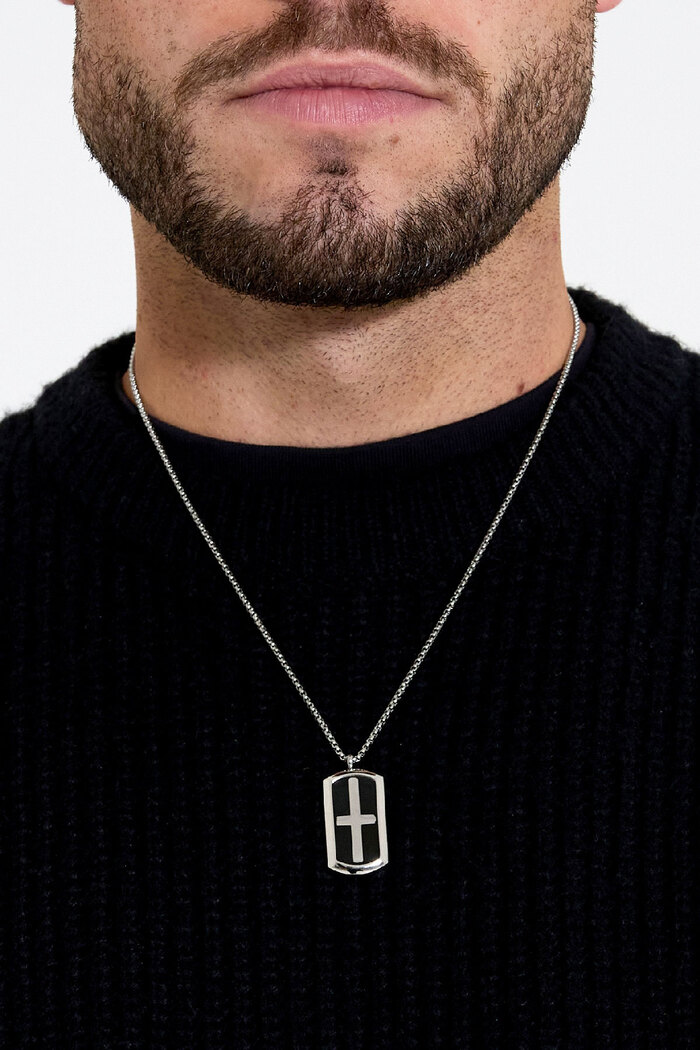 Men's necklace rectangular cross charm - silver/black Picture3